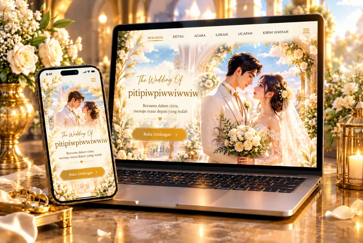Contoh invitasi digital SNIPERSLOT ditampilkan di laptop dan ponsel dengan desain floral ivory