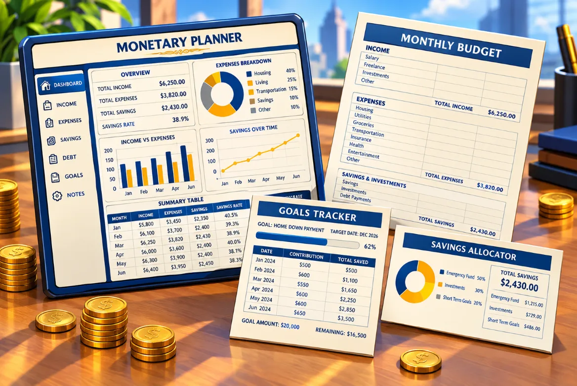 Tampilan dashboard Finansial Planner SNIPERSLOT beserta lembar anggaran