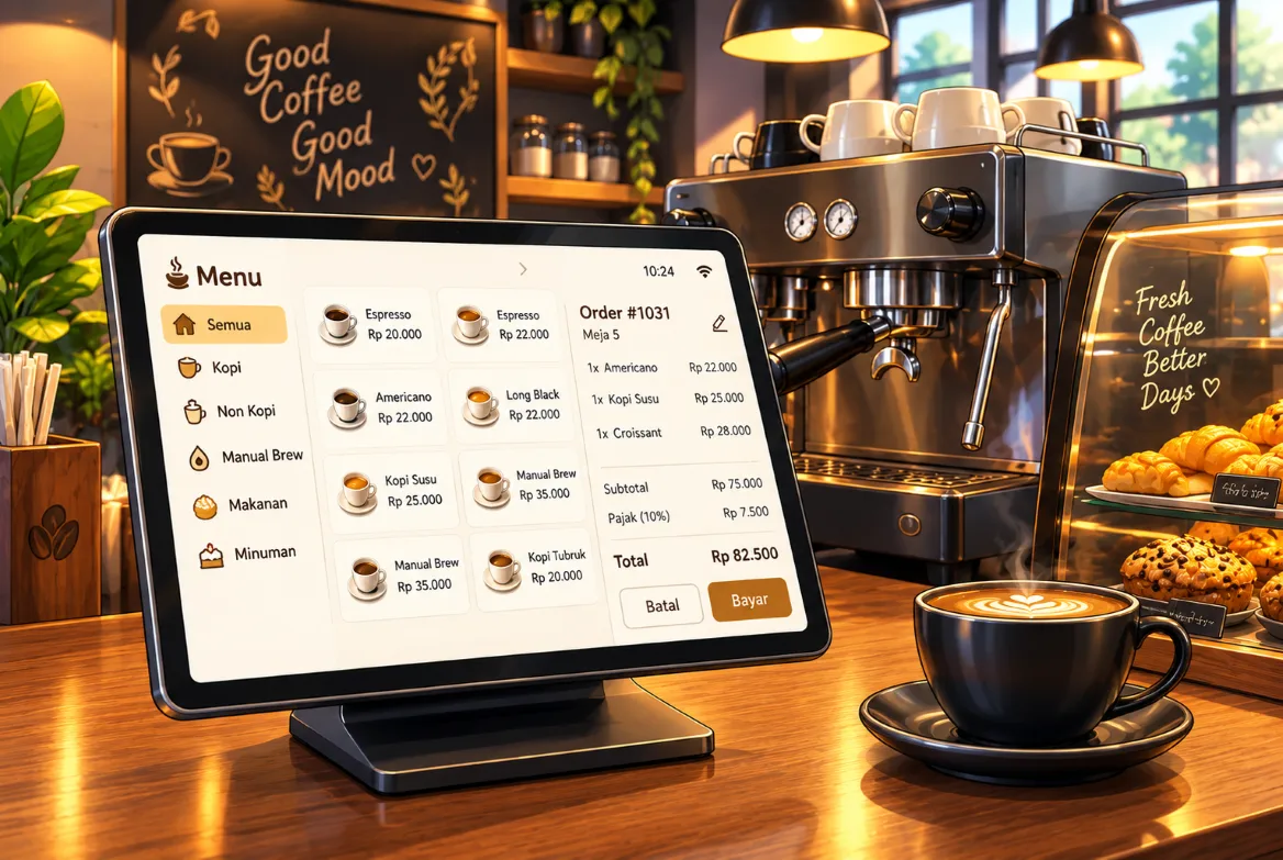 Tablet POS Kafe Sederhana SNIPERSLOT di atas meja kasir kedai kopi